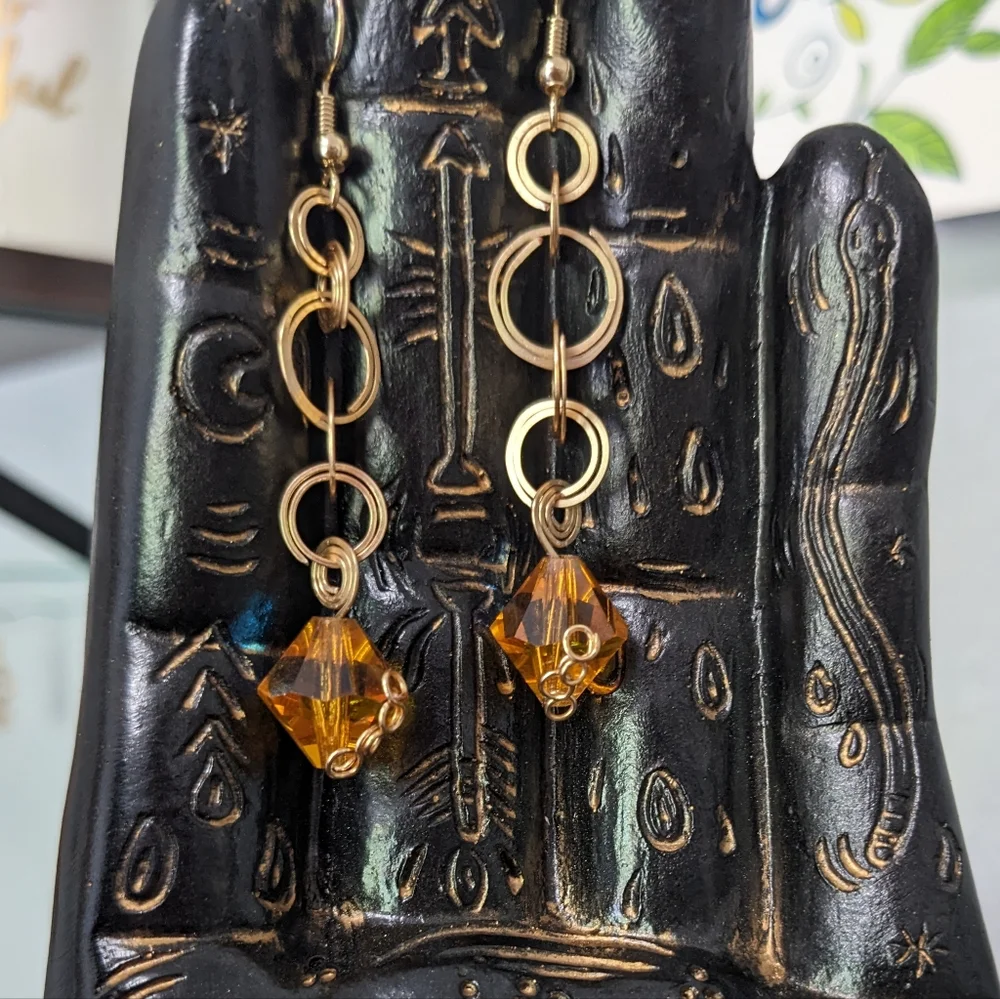 Gold & Czech Glass Earrings Mini Hoops Spiral Amber Artisan Wrapped Cute Unique - Picture 5 of 7